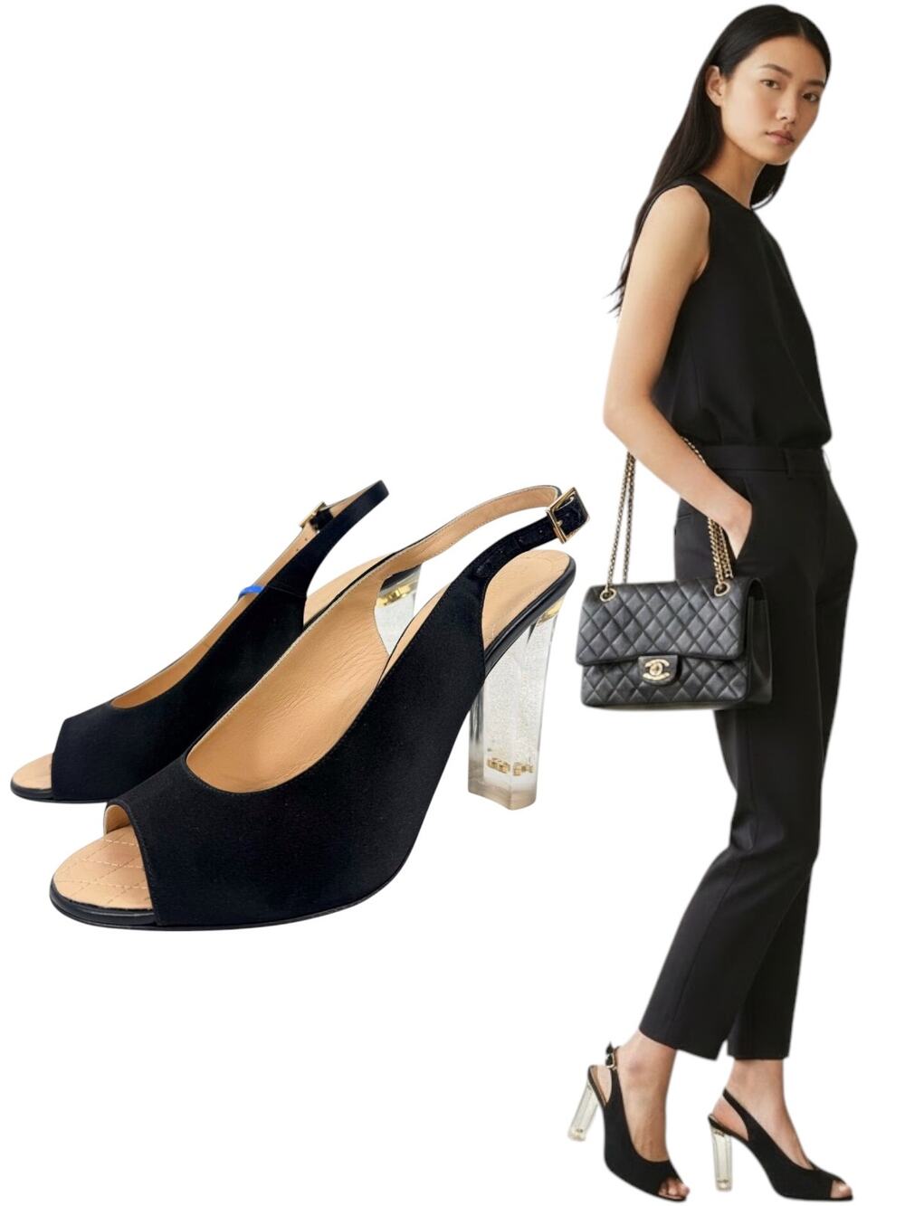 Chanel 2015 CC Logo Runway Lucite Slingback Pumps Black Size 40